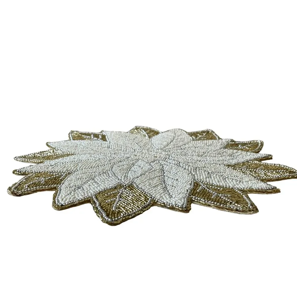 Max Studio Handmade Beaded POINSETTIA Placemat Charger 15in Glam Gold Ivory NEW